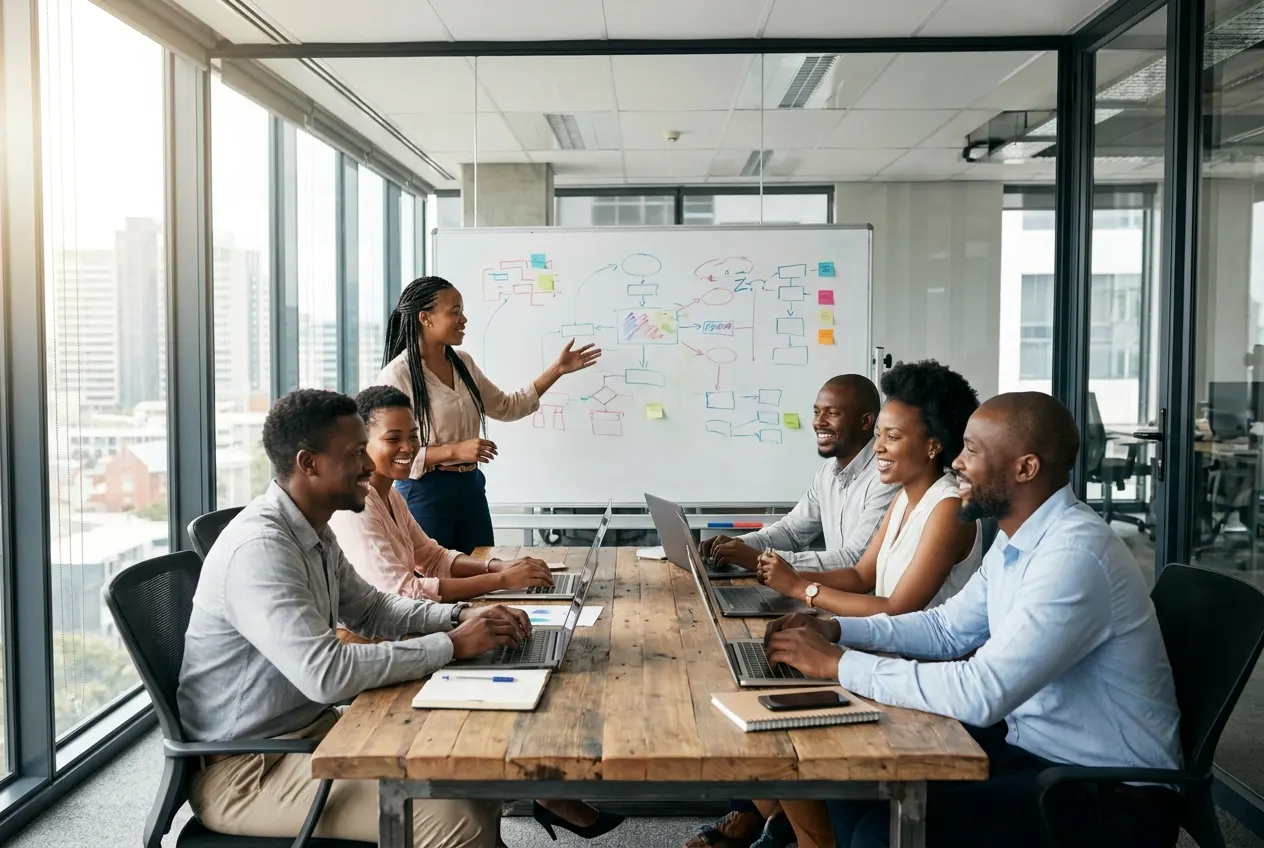 Team of professionals collaborating around a whiteboard in an open office