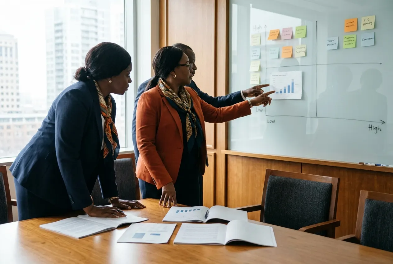 Executives reviewing a printed risk register and prioritization matrix in a boardroom