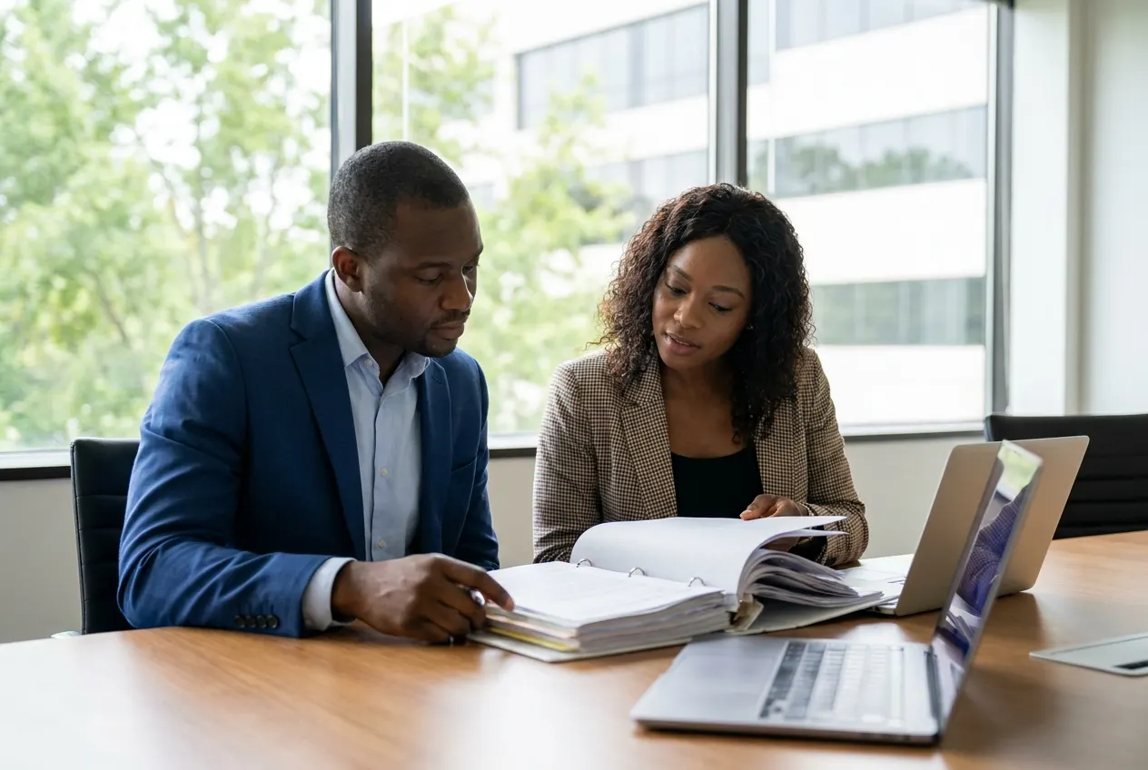 Auditor and compliance manager reviewing an evidence binder