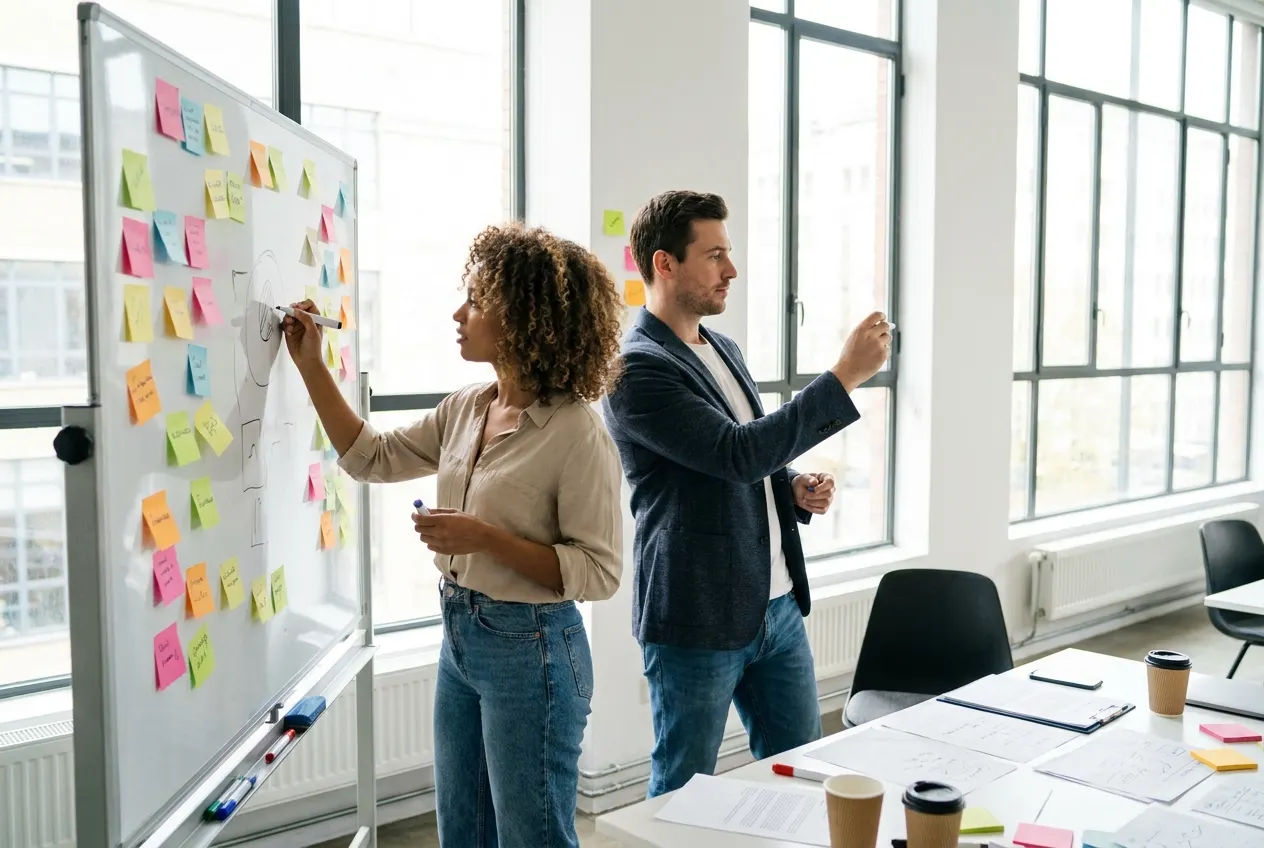 Consultants mapping a framework on a whiteboard of sticky notes