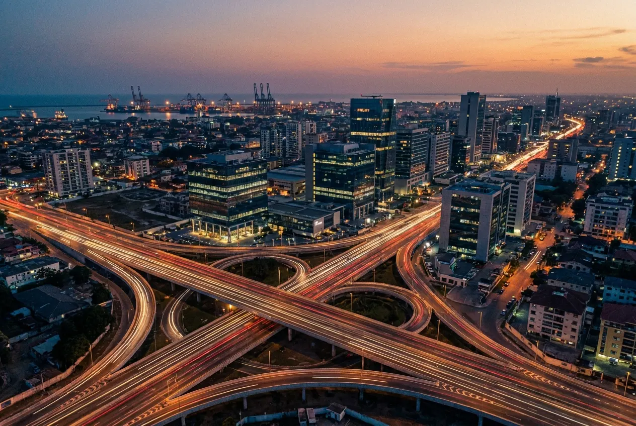 Aerial view of a coastal city interchange and port at dusk