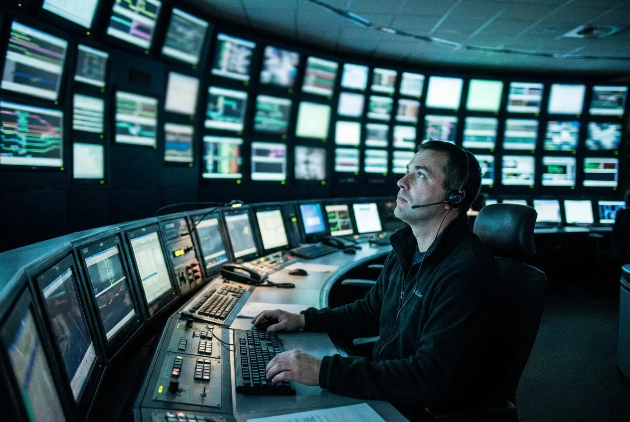 Operator monitoring network status panels in a control room