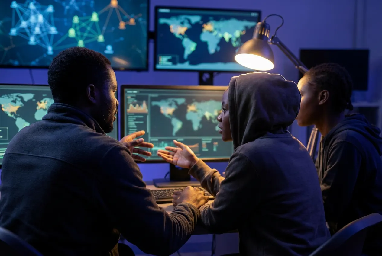 Two security analysts discussing an alert at a night-shift operations desk
