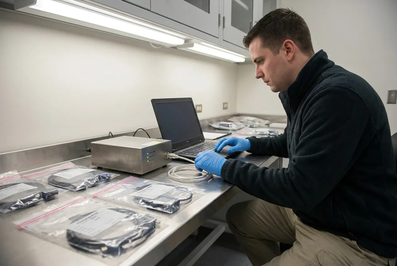 Forensics investigator imaging a laptop drive with a write-blocker