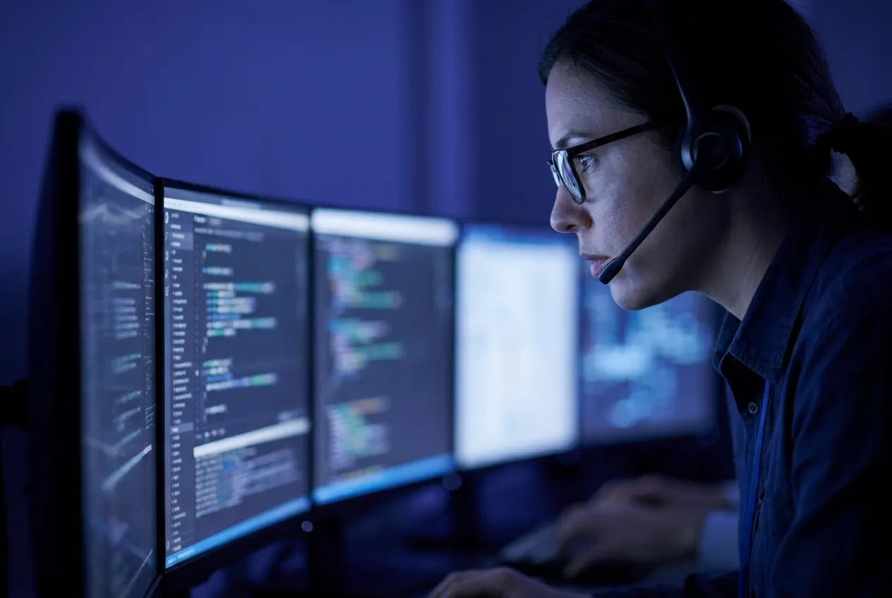 Security analyst with headset monitoring several screens