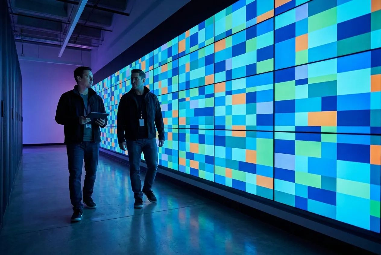 Network operations engineers walking past a monitoring wall