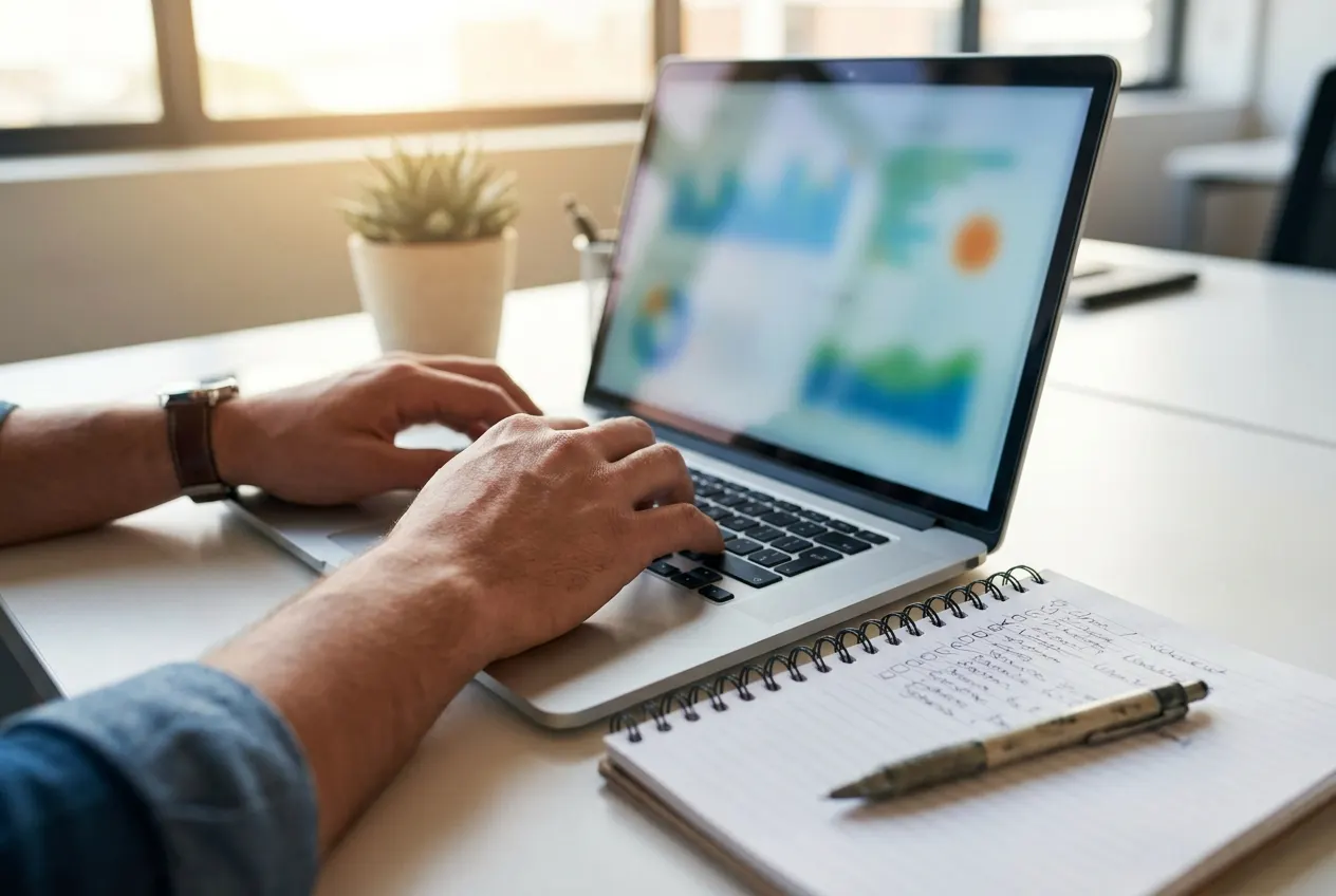 Compliance analyst working on a laptop beside a handwritten checklist