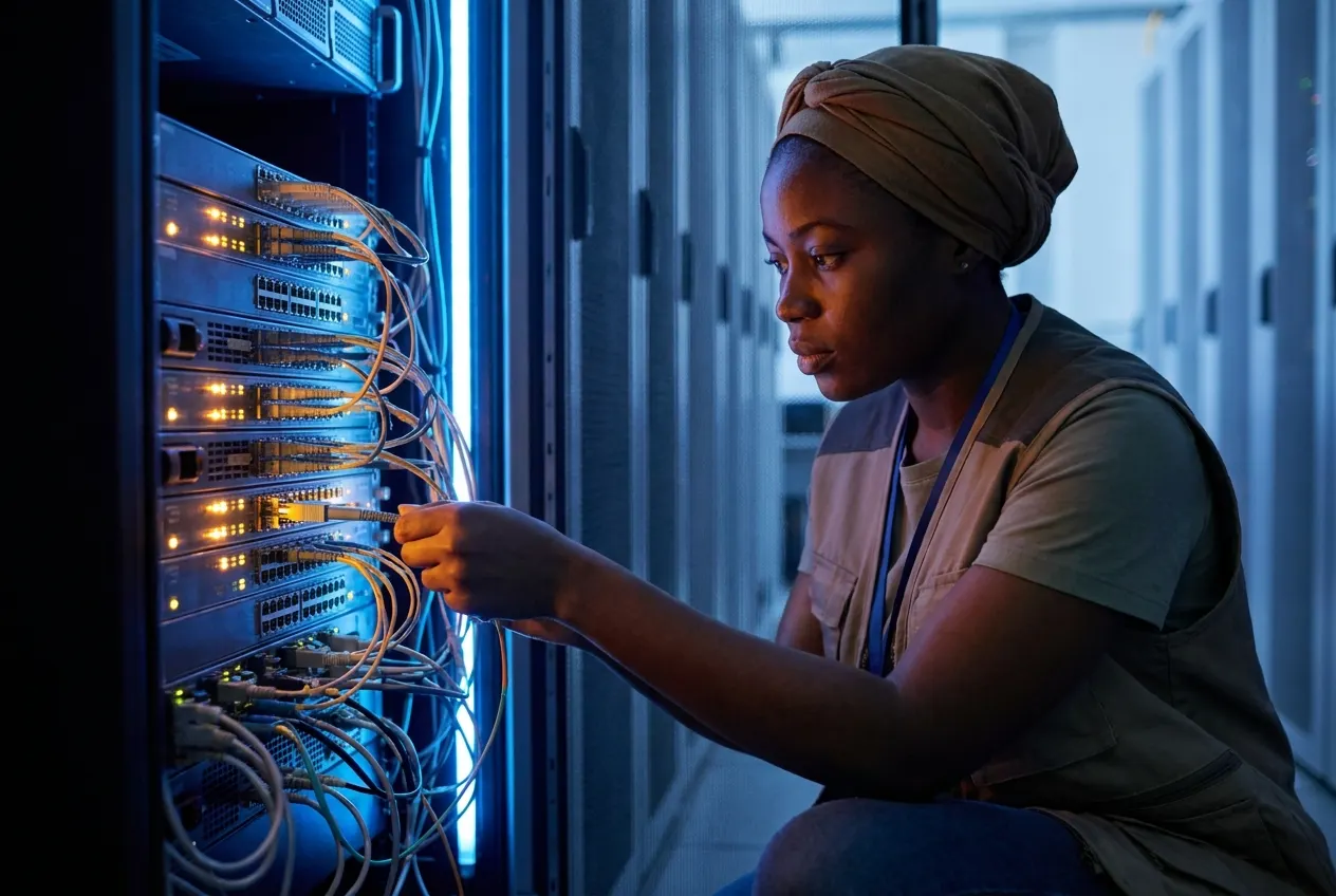Network engineer connecting fiber patch cables in a data hall