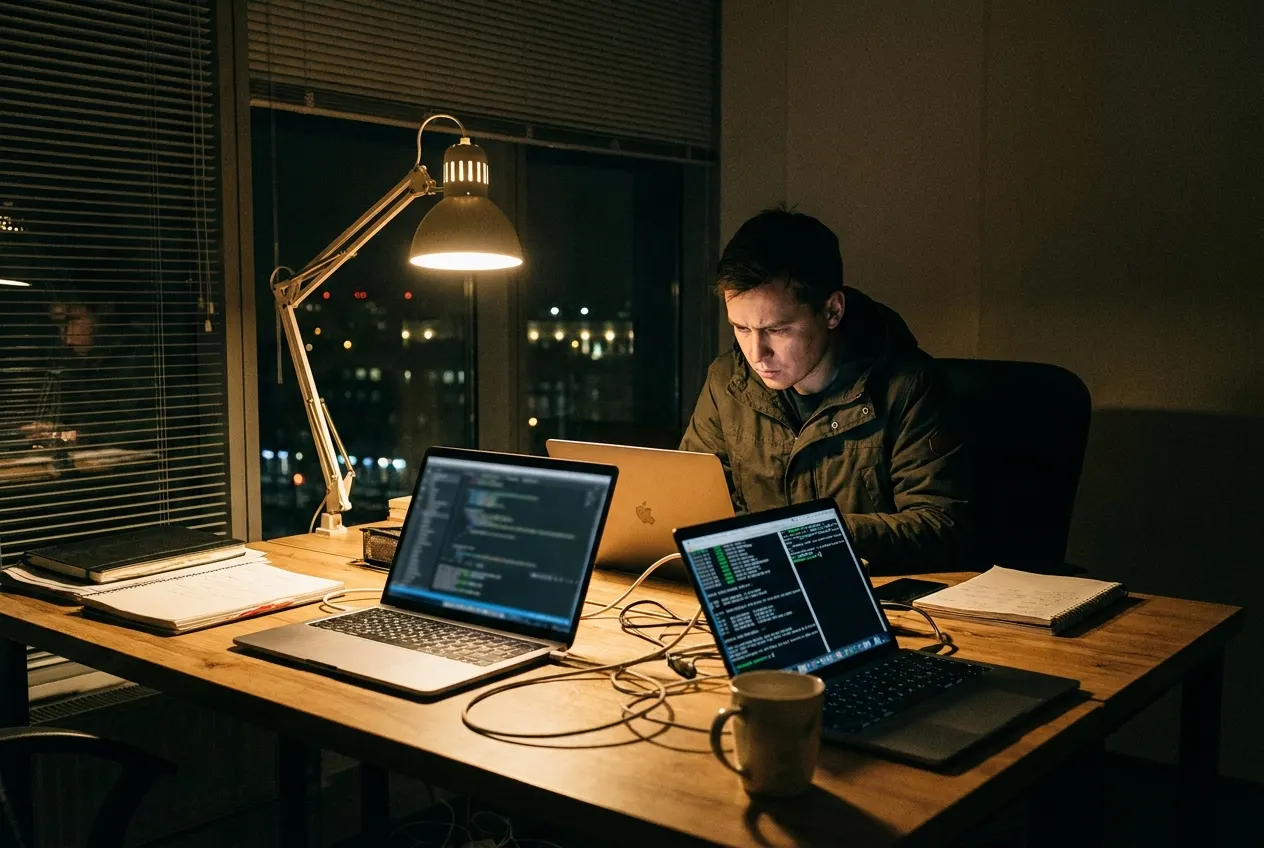 Penetration tester working across two laptops at night