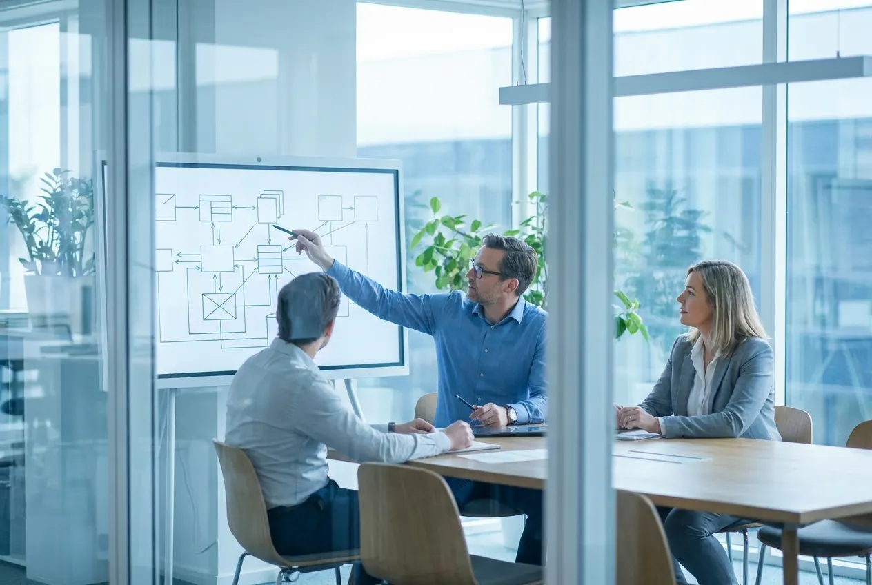 Cloud architect walking colleagues through an architecture diagram