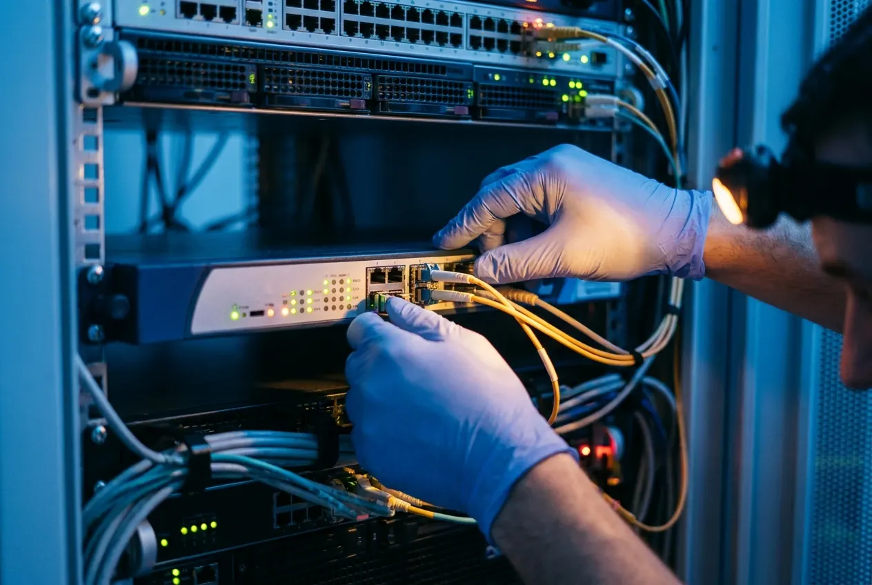 Technician configuring a security appliance in a server rack