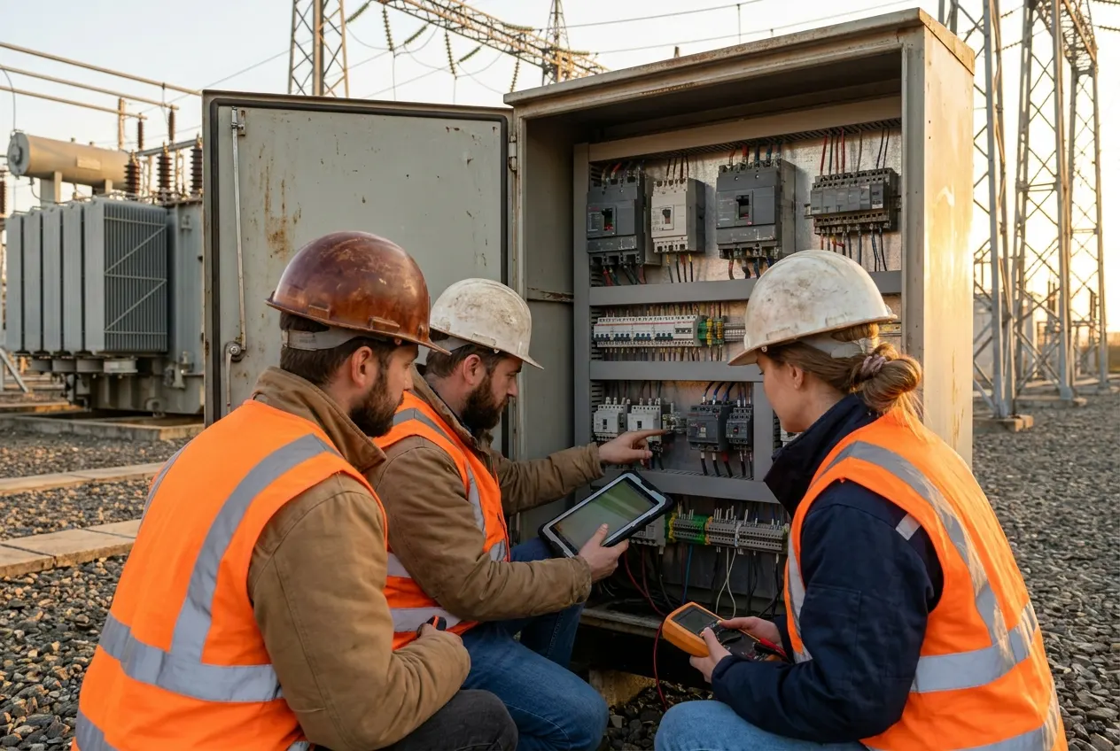 Field engineers inspecting an industrial control cabinet at a substation