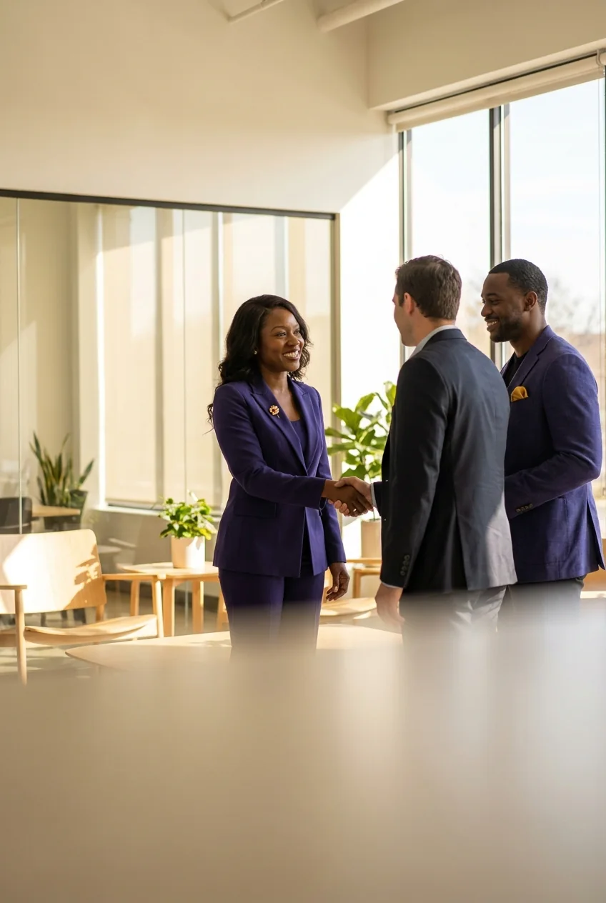 DAAKYI team members in deep indigo and gold attire warmly welcoming a client in a bright, modern office