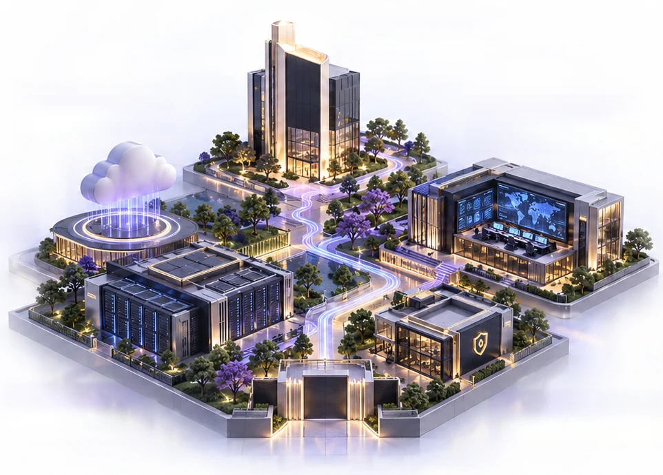 Isometric illustration of the DAAKYI campus: cloud data centre, advisory offices, operations command centre and infrastructure