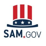 SAM.gov logo: red, white, and blue emblem with a tall hat and stars above the text 'SAM.GOV'