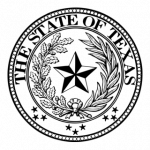 Seal of the State of Texas: central star flanked by olive and oak branches, surrounded by the text 'The State of Texas' and a border of small stars.